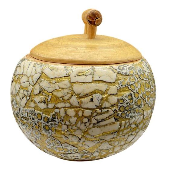 Bamboo Lidded Bowl Trinket Holder With Gold Crackle Accent By Pier 1 - 4" Diamet - Picture 2 of 8